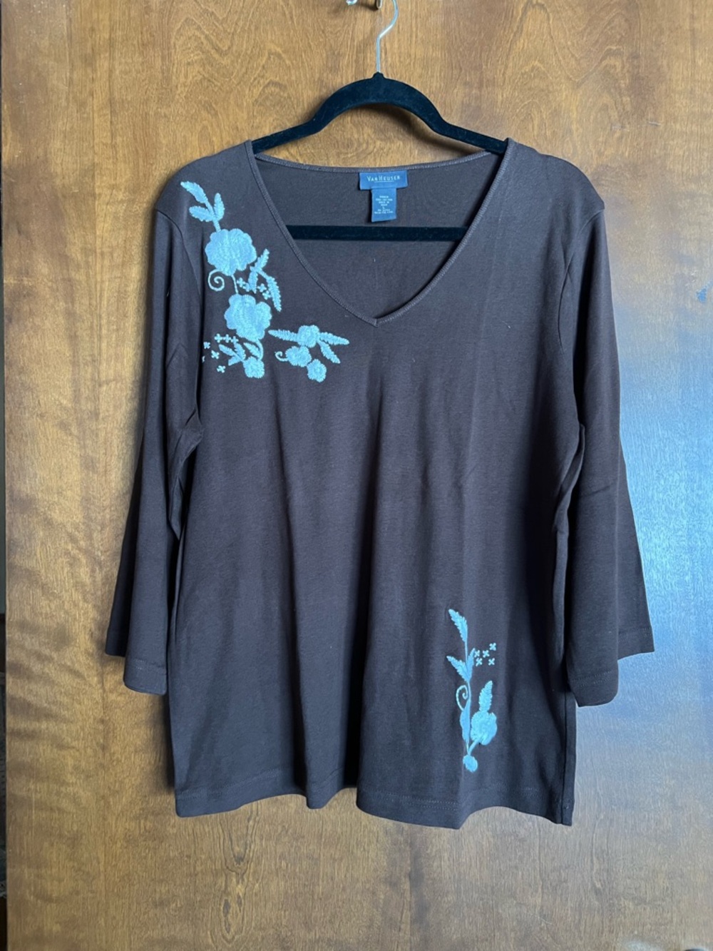 Van Heusen Brown Long-Sleeve V-Neck Top with White Floral Embroidery